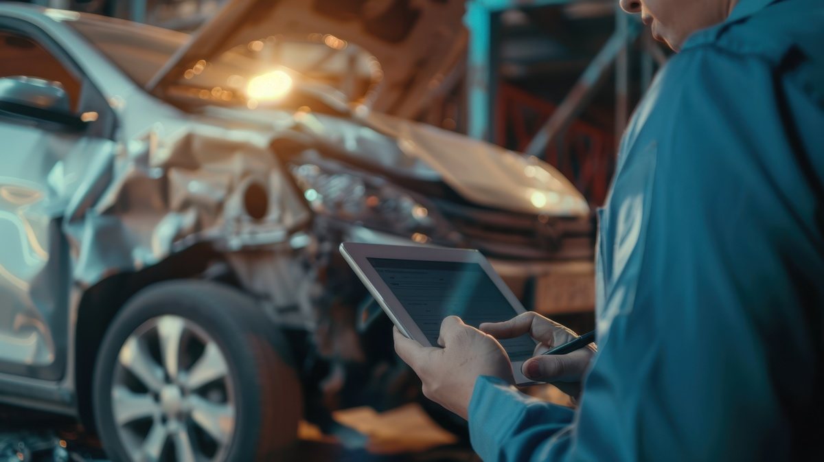 estimator at collision repair center evaluating car