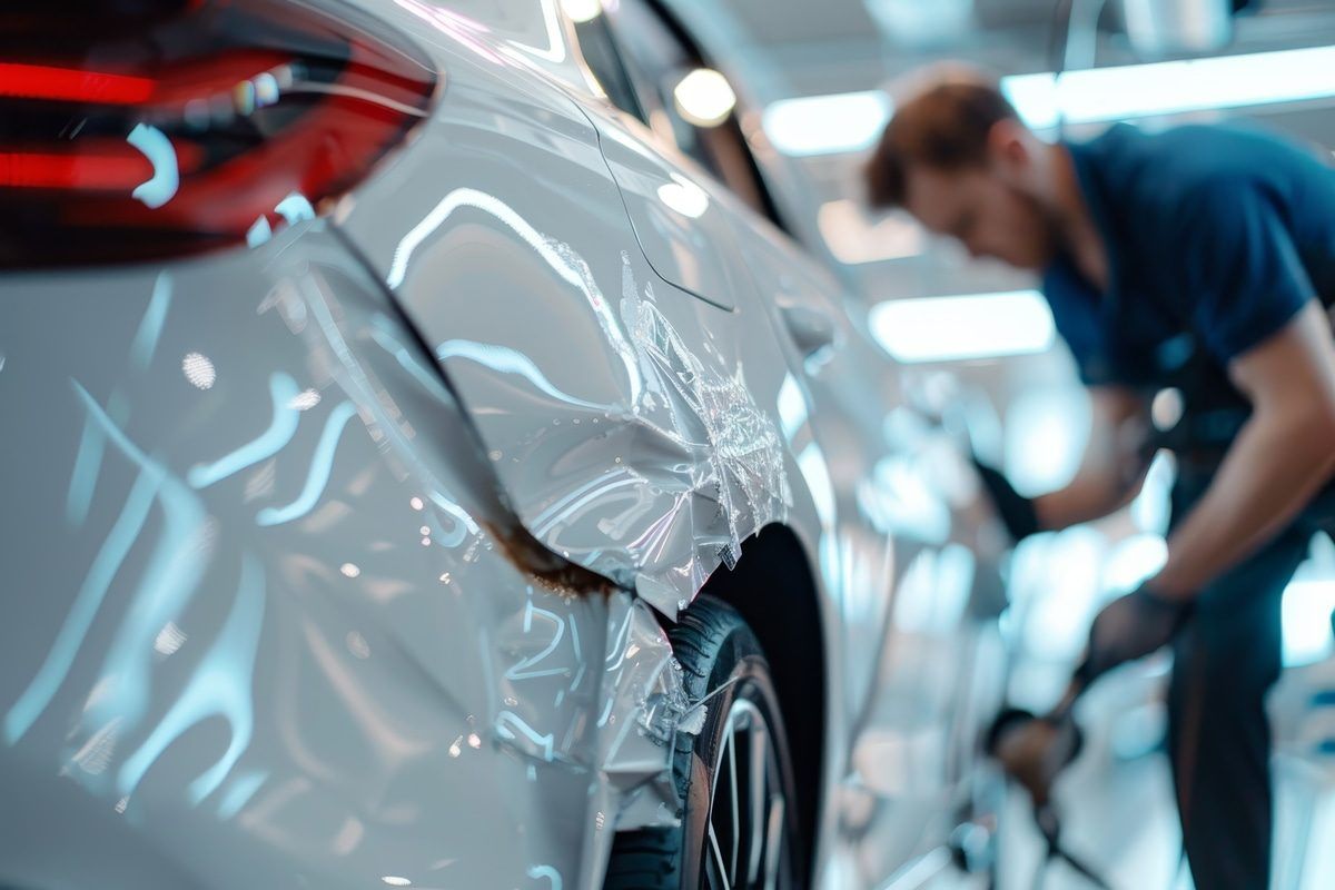 collision repair center staff member working on car